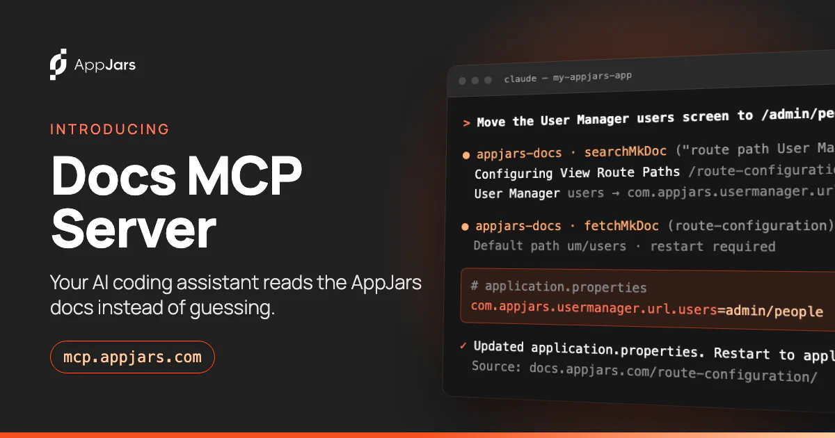 The AppJars Docs MCP Server: a coding assistant searches the AppJars documentation and gets back the exact property it needs