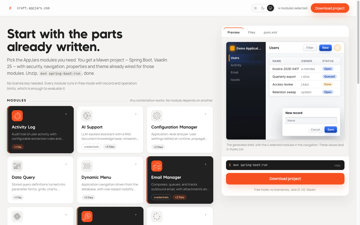 Craft with User Manager, Activity Log, Email Manager and Issue Tracker selected, and a live preview of the generated application